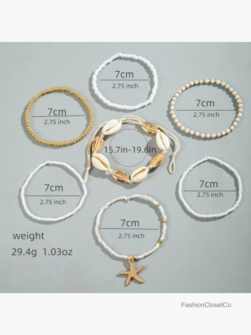 7 Pcs Layered Cowrie Shell & Beaded Ankle Bracelets with Starfish Charm, - Picture 5 of 7